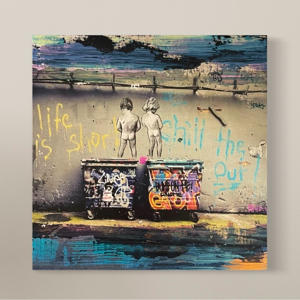 Ink transfer on wood BANKSY Image Representation with acrylic painted accents.